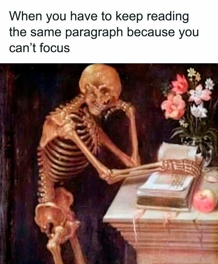 Skeleton struggling to focus on reading a book with flowers nearby.