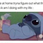 Cute alien character contemplating life choices on a couch.