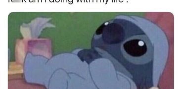 Cute alien character contemplating life choices on a couch.