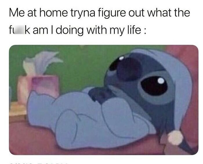 Cute alien character contemplating life choices on a couch.