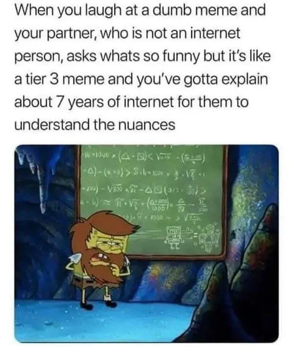 Caveman Spongebob explaining complex meme humor on a chalkboard.