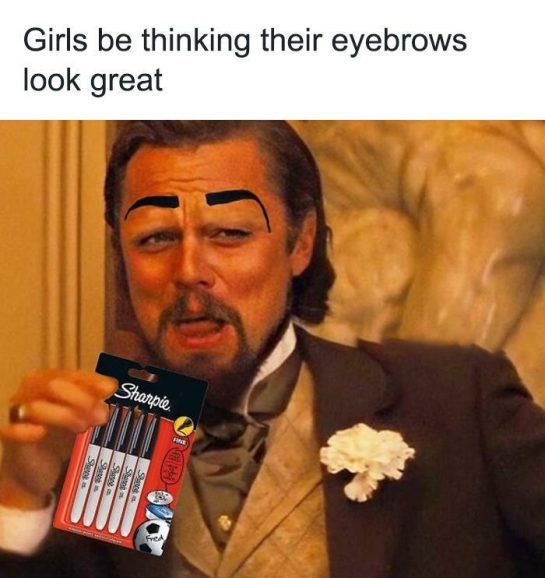 Meme of a man holding Sharpies with drawn-on eyebrows.