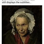 Vintage painting with humorous caption about facial expressions