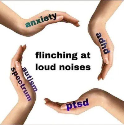 Hands with words flinch at loud noises, representing anxiety, ADHD, autism, PTSD.