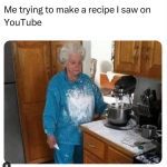 Elderly woman covered in flour after a baking fail in the kitchen.