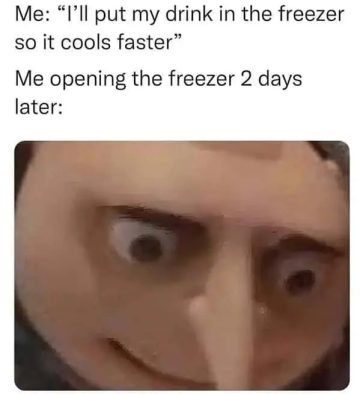 Funny meme about forgetting a drink in the freezer for two days.
