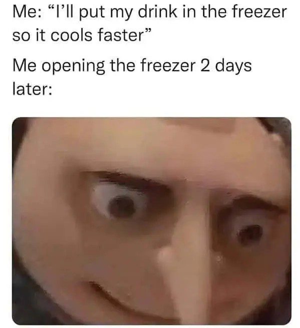 Funny meme about forgetting a drink in the freezer for two days.