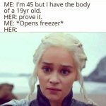 Meme of a woman reacting to a dark humor joke about a body in a freezer.