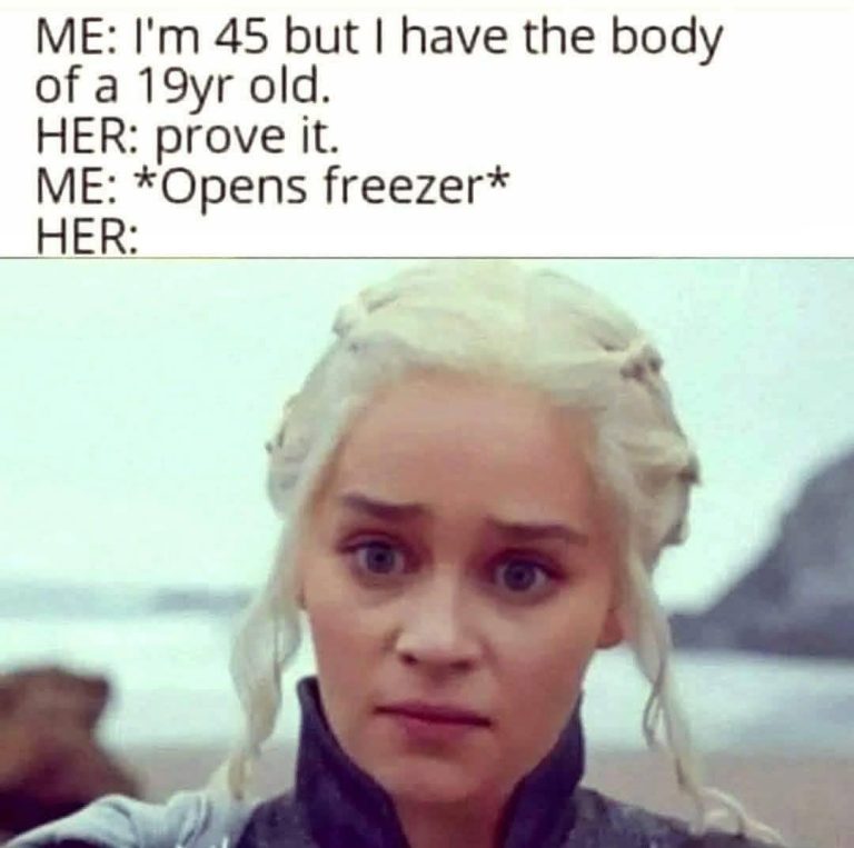 Meme of a woman reacting to a dark humor joke about a body in a freezer.