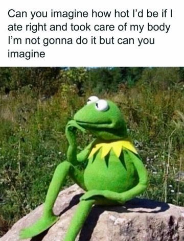 Kermit the Frog imagines being fit, pondering on a rock in nature.