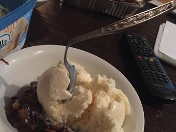 Melty ice cream with fork sticking out, symbolizing freezer fail.
