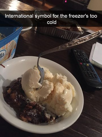 Melty ice cream with fork sticking out, symbolizing freezer fail.
