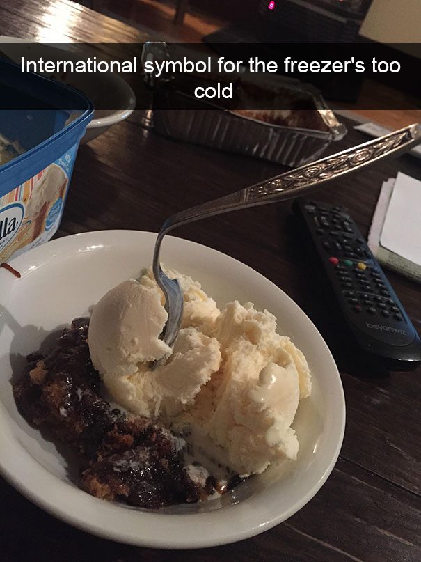 Melty ice cream with fork sticking out, symbolizing freezer fail.