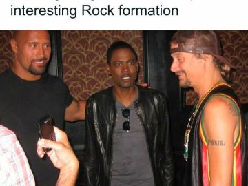Three men making a humorous reference to "Rock formation."