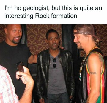 Three men making a humorous reference to "Rock formation."