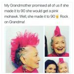 90-year-old grandma with a pink mohawk, smiling and joyful.