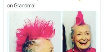90-year-old grandma with a pink mohawk, smiling and joyful.
