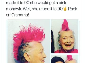 90-year-old grandma with a pink mohawk, smiling and joyful.