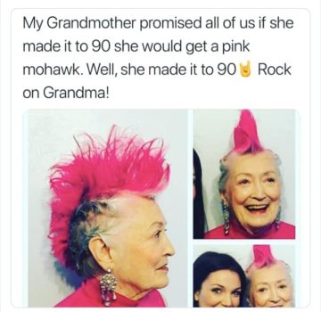 90-year-old grandma with a pink mohawk, smiling and joyful.