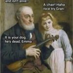 Vintage painting with grandpa telling dark joke to girl about her dog.