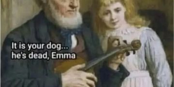 Vintage painting with grandpa telling dark joke to girl about her dog.