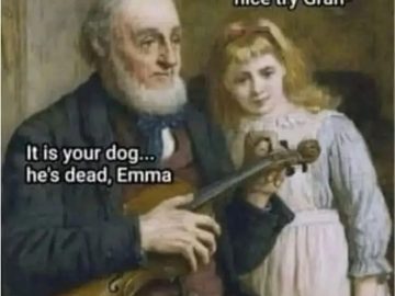 Vintage painting with grandpa telling dark joke to girl about her dog.