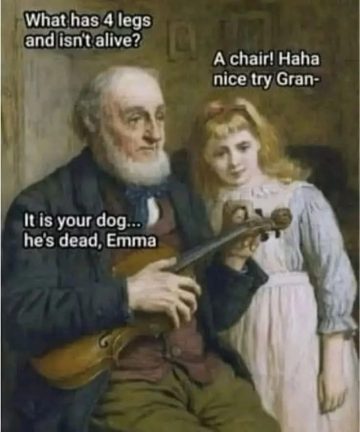 Vintage painting with grandpa telling dark joke to girl about her dog.