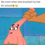 Cartoon character with stretched head, showing hair brushing struggle