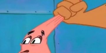 Cartoon character with stretched head, showing hair brushing struggle