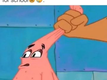 Cartoon character with stretched head, showing hair brushing struggle