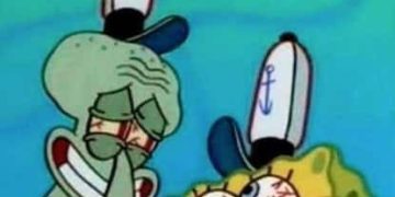 SpongeBob and Squidward looking exhausted but happy on a work shift.