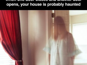 Ghostly figure opening a door in a haunted house meme