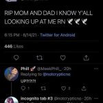 Twitter meme about parents looking up from below with dark humor.