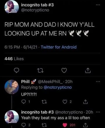 Twitter meme about parents looking up from below with dark humor.