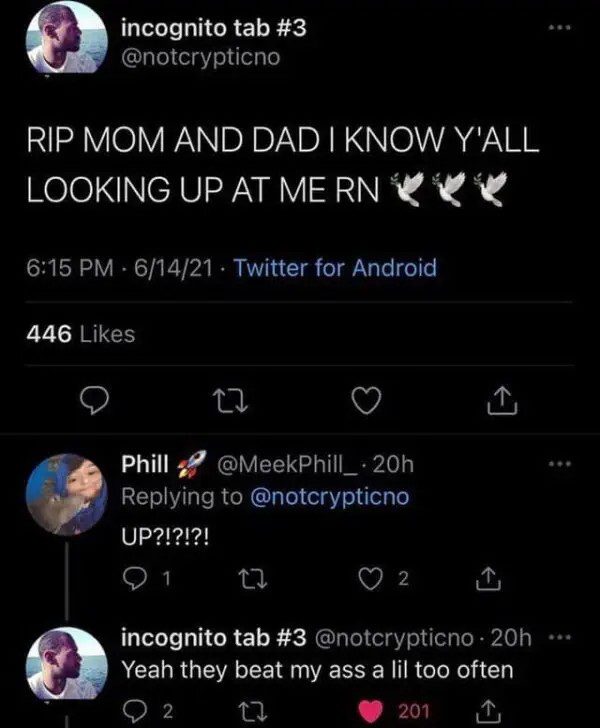 Twitter meme about parents looking up from below with dark humor.