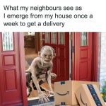 A humorous take on Gollum emerging to greet delivery packages.