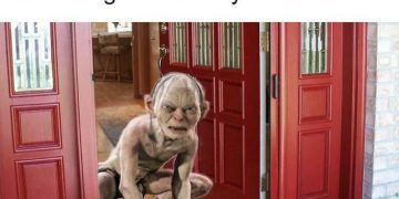 A humorous take on Gollum emerging to greet delivery packages.