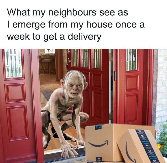 A humorous take on Gollum emerging to greet delivery packages.