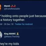 Tweet meme about holding onto people because of history, dark humor reply.