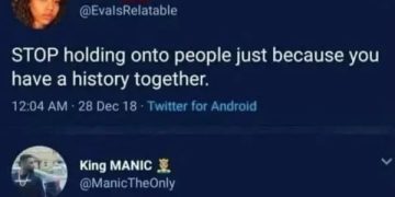 Tweet meme about holding onto people because of history, dark humor reply.