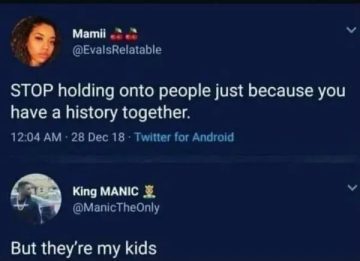 Tweet meme about holding onto people because of history, dark humor reply.