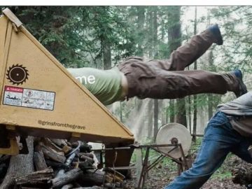 Person being pushed into a woodchipper labeled "me" with text "jumping to conclusions"
