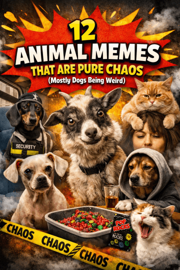 Featured image for “12 Animal Memes That Are Pure Chaos (Mostly Dogs Being Weird)” with a chaotic collage of funny dogs and cats.