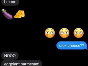 Emojis texting about dinner, eggplant and cheese confusion