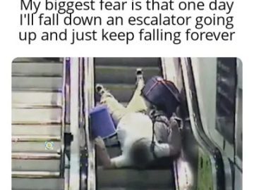 Person humorously falls down on an escalator moving upwards.