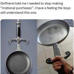 Frying pan with sword handle humorously captioned