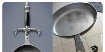 Frying pan with sword handle humorously captioned