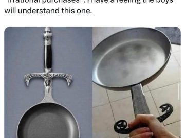 Frying pan with sword handle humorously captioned