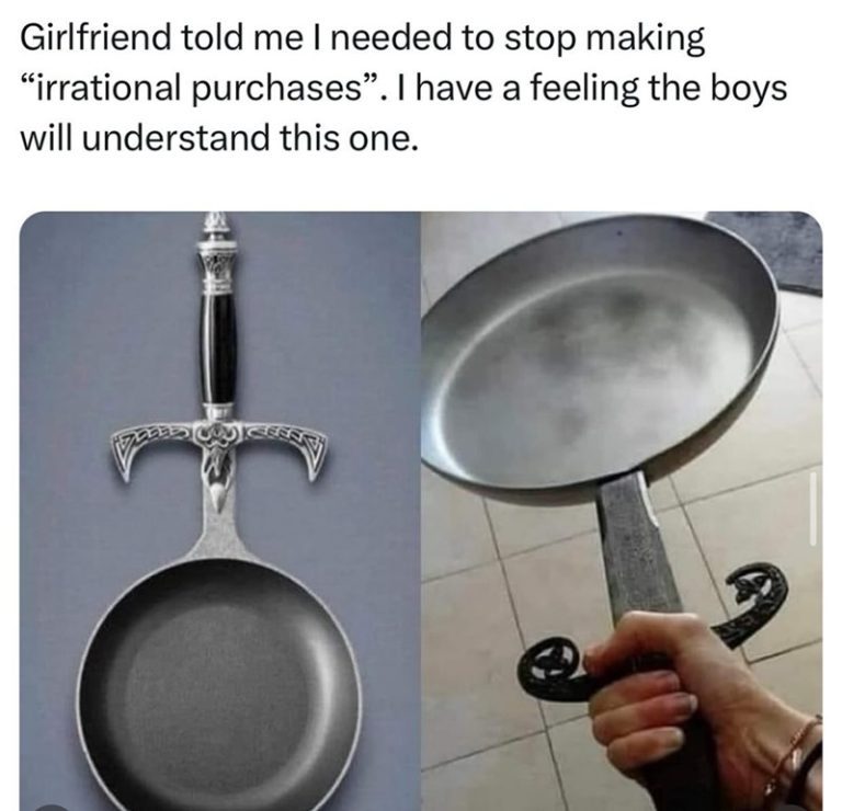 Frying pan with sword handle humorously captioned
