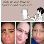 Three images of people with comically drawn-on eyebrows.